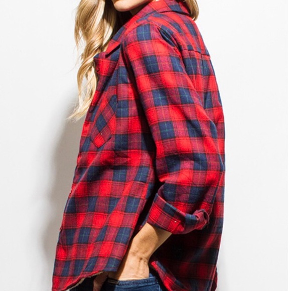 Red & Blue Fleece Lined Plaid Button Down - Picture 5 of 8